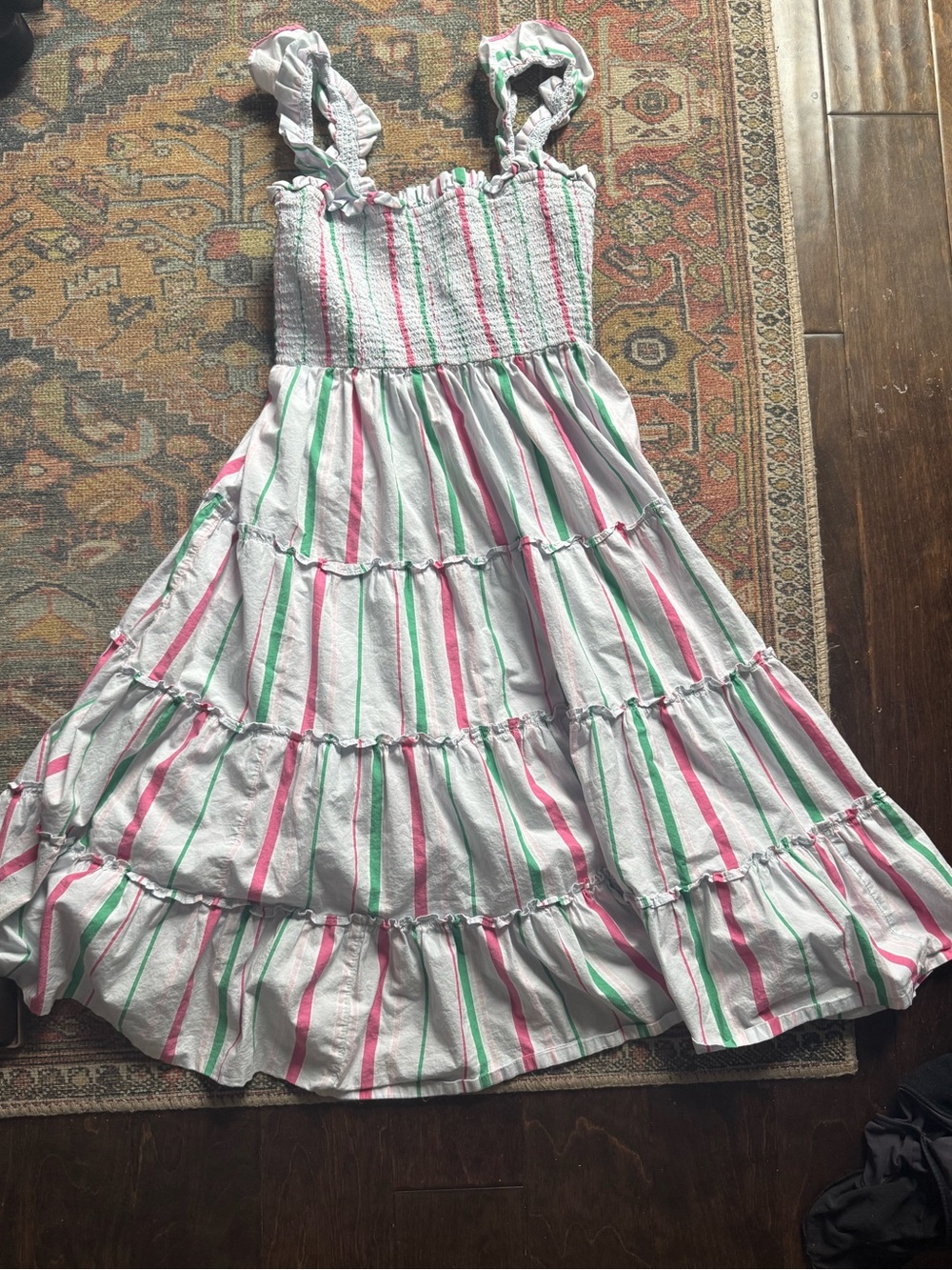 Light Blue Tiered Sundress with Pink, Green, and White Stripes